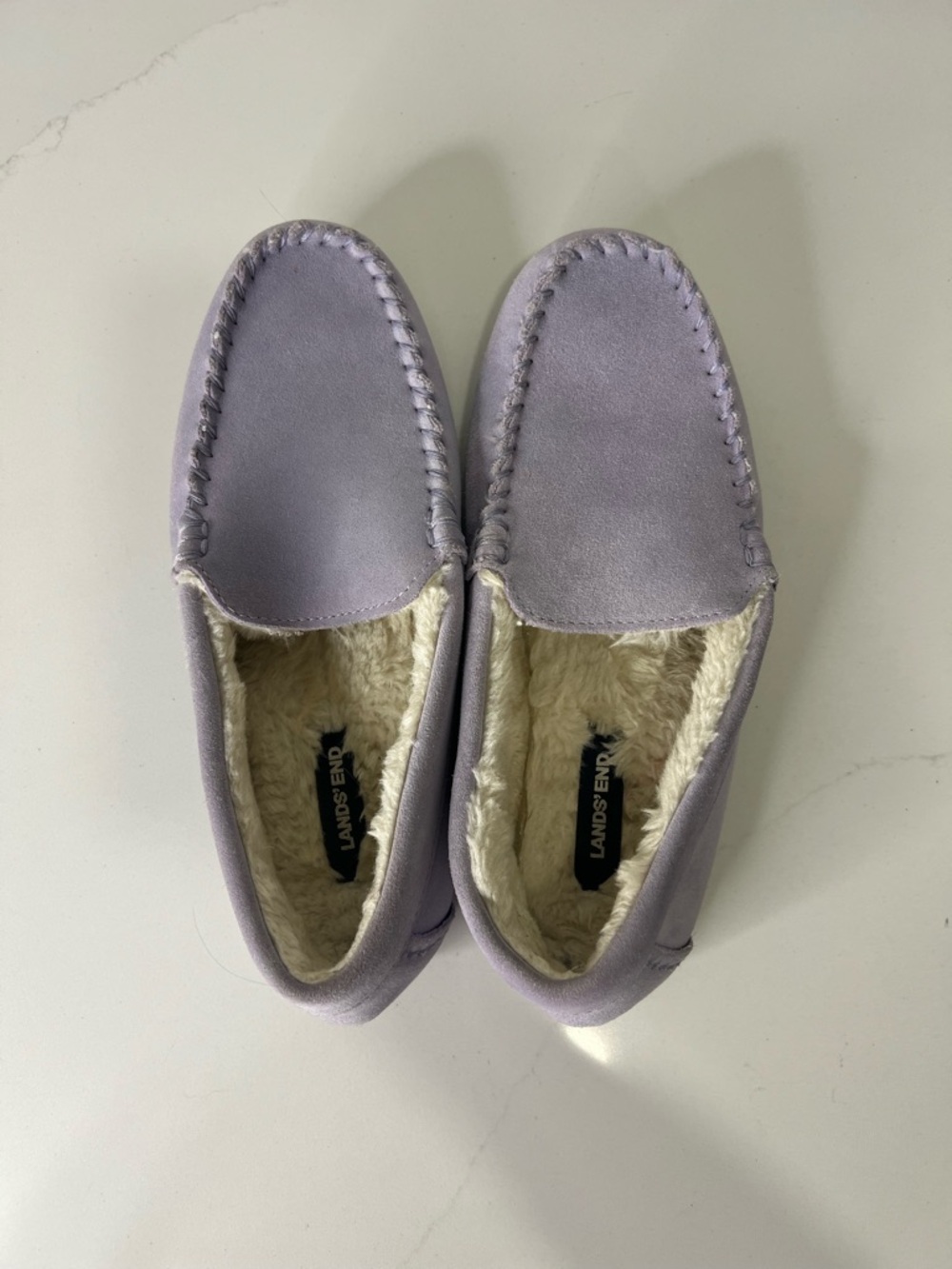 Lands End Lavender Suede Shearling Moccasin Slippers size 8 - Picture 8 of 9